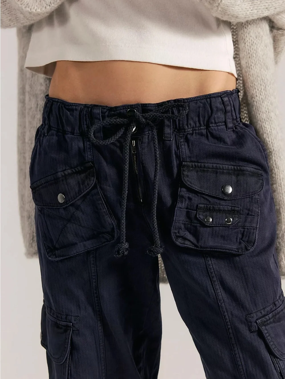 Free People Tahiti Cargo Pants Black Utility Drawstring Relaxed Fit S - Picture 2 of 12
